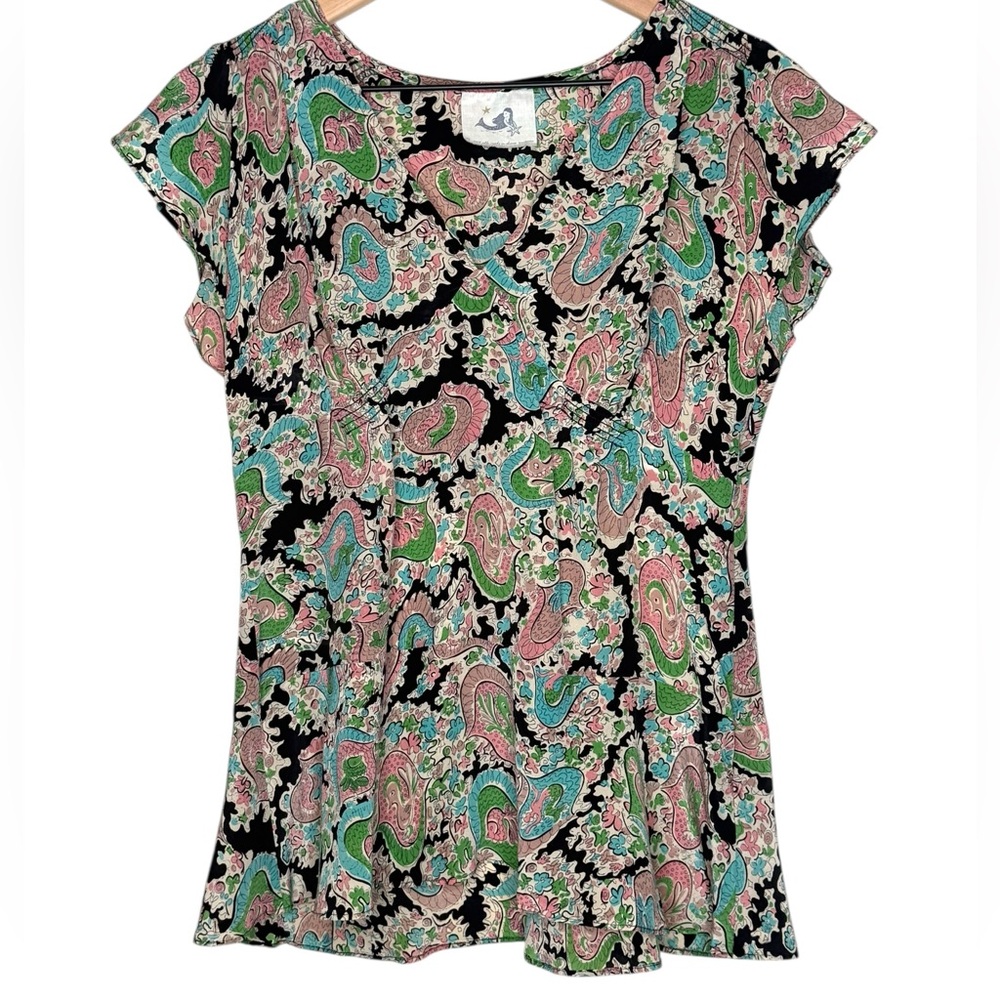 Anthropologie Mermaid 100% Silk Side Zip Pink Blue Green‎ Blouse- Size 6